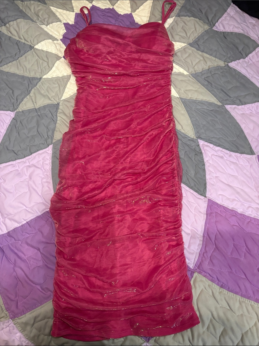 City Studio Fuchsia Ruched Spaghetti Strap Prom Dress